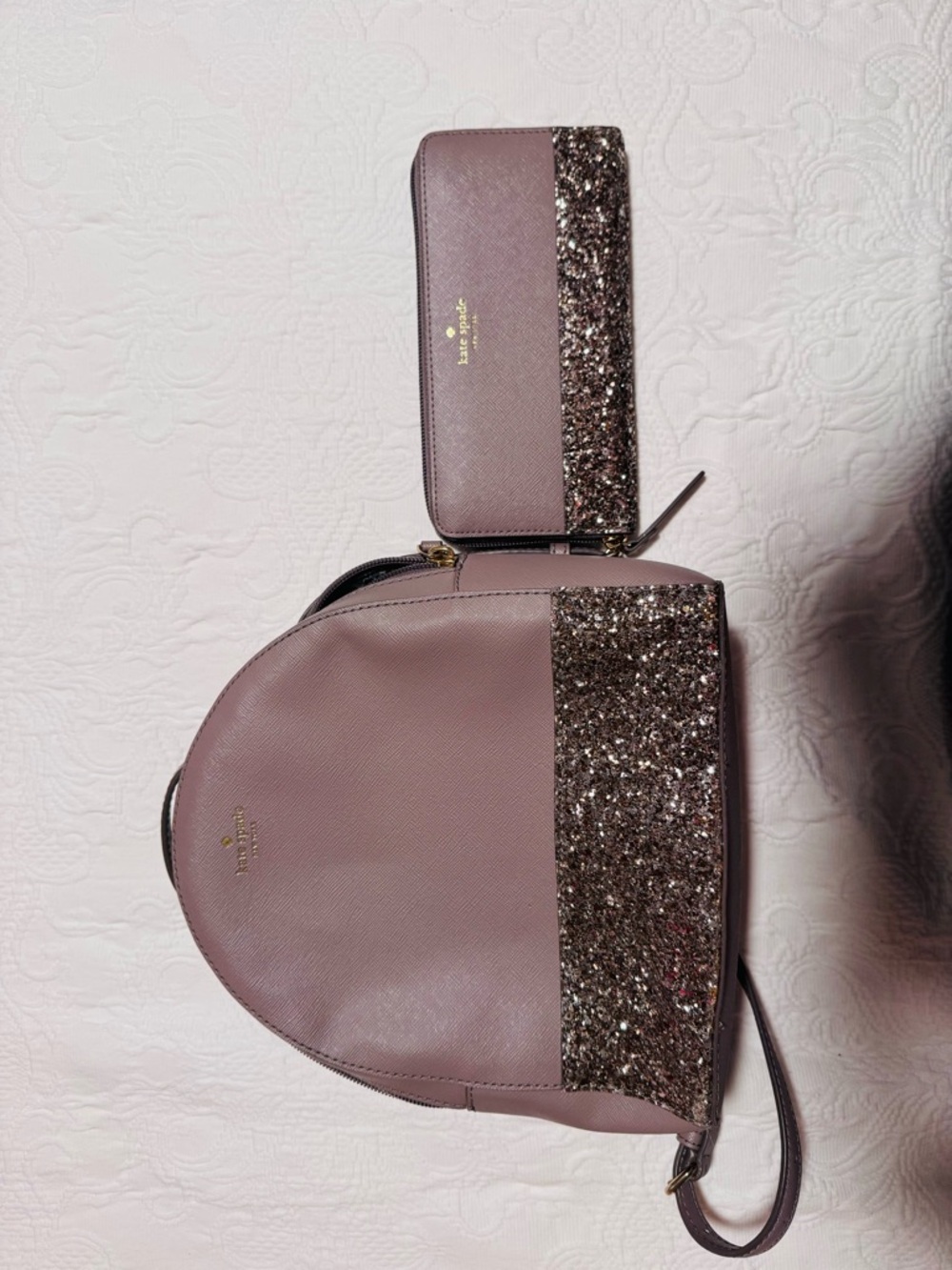 kate spade gray backpack and wallet with silver glitter trim